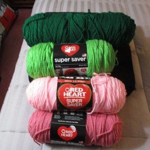 Lot of 4 Red Heart Super Saver Yarn Green Pink